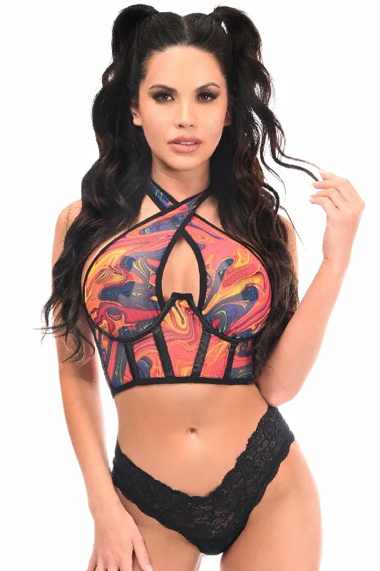 Ruffled edge cotton halter top for casual beach outingsLavish Orange Tie-Dye Mesh Underwire Cincher w/Built In Halter Top Ruffled edge cotton halter top for casual beach outingsLavish Orange Tie-Dye Mesh Underwire Cincher w/Built In Halter Top