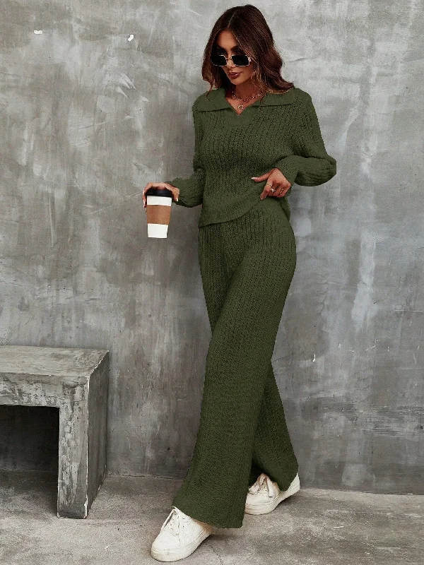 Frenchy Solid Ribbed Knit Sweater & Knit Pants