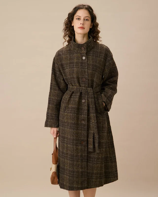 Coffee Mock Neck Single-breasted Plaid Coat