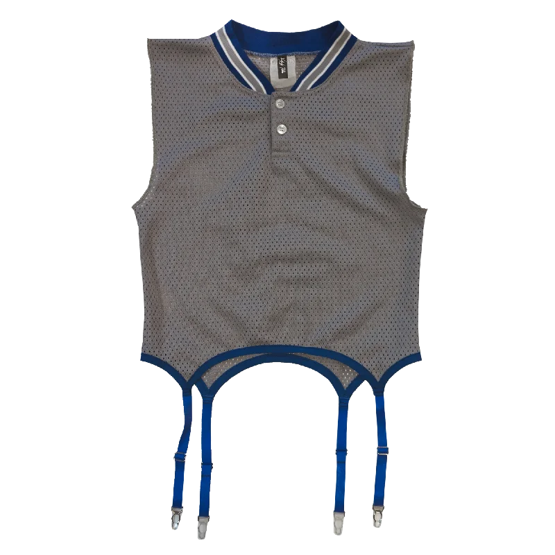 Women's Cropped Tank Tops with Vintage Band LogosJERSEY GARTER TANK - GREY/ROYAL - S Women's Cropped Tank Tops with Vintage Band LogosJERSEY GARTER TANK - GREY/ROYAL - S