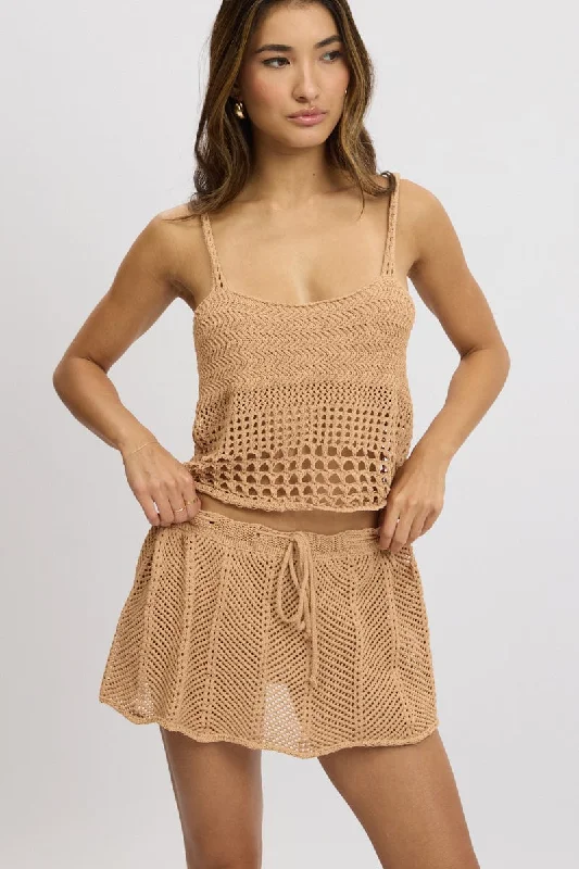 Retro - style circle skirt with a wide waistbandBeige Crochet Skirt Mid Rise Beach Bikini Lined
