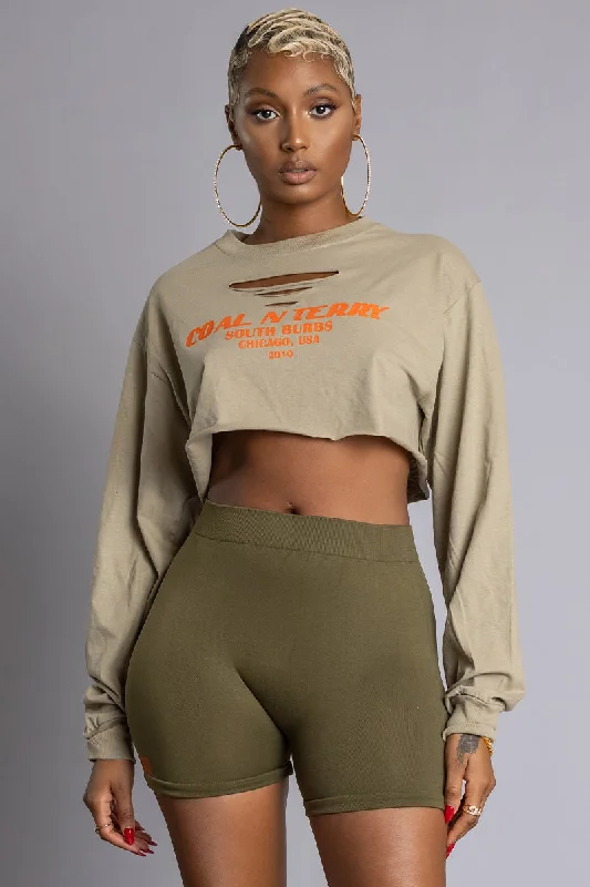 LONG SLEEVE ASH N ORANGE BURBS CROP TEE (DIS)