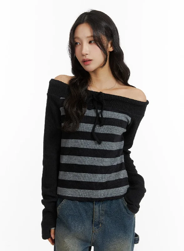 Organic Cotton Women Long Sleeve Top for Eco - Friendly ComfortOff-Shoulder Striped Bowknot Top CJ417 Organic Cotton Women Long Sleeve Top for Eco - Friendly ComfortOff-Shoulder Striped Bowknot Top CJ417