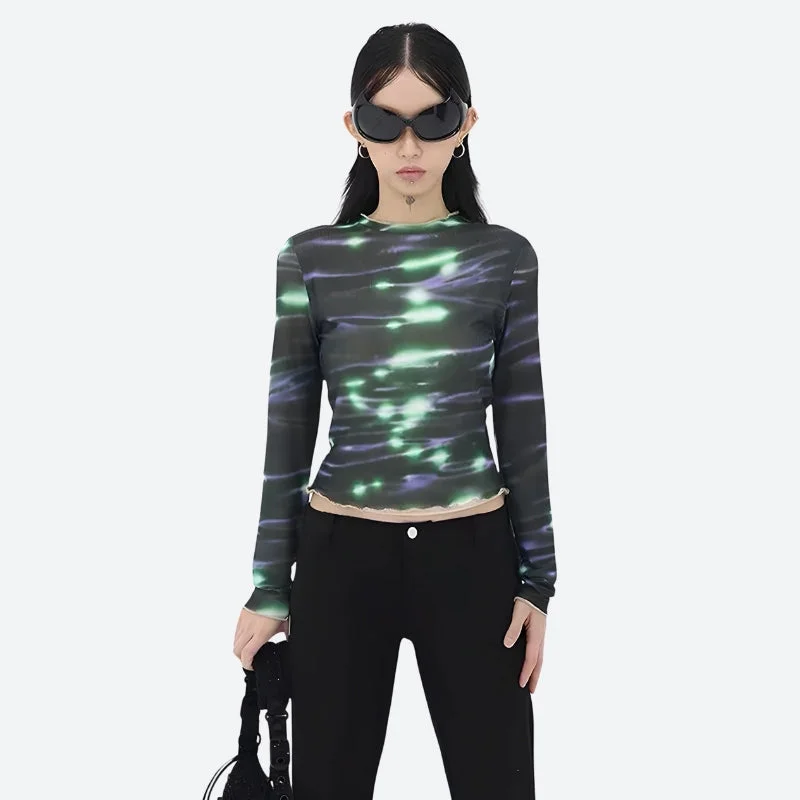 Metallic Accent Women Long Sleeve Top for a Glamorous LookCyberpunk Green Lights Mesh Top