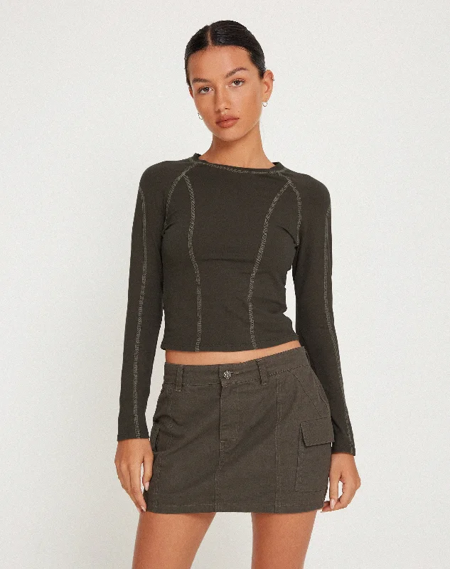 Lace - Trimmed Women Long Sleeve Top for an Elegant LookMegun Long Sleeve Top in Gunmetal with Grey Top Stitch Lace - Trimmed Women Long Sleeve Top for an Elegant LookMegun Long Sleeve Top in Gunmetal with Grey Top Stitch