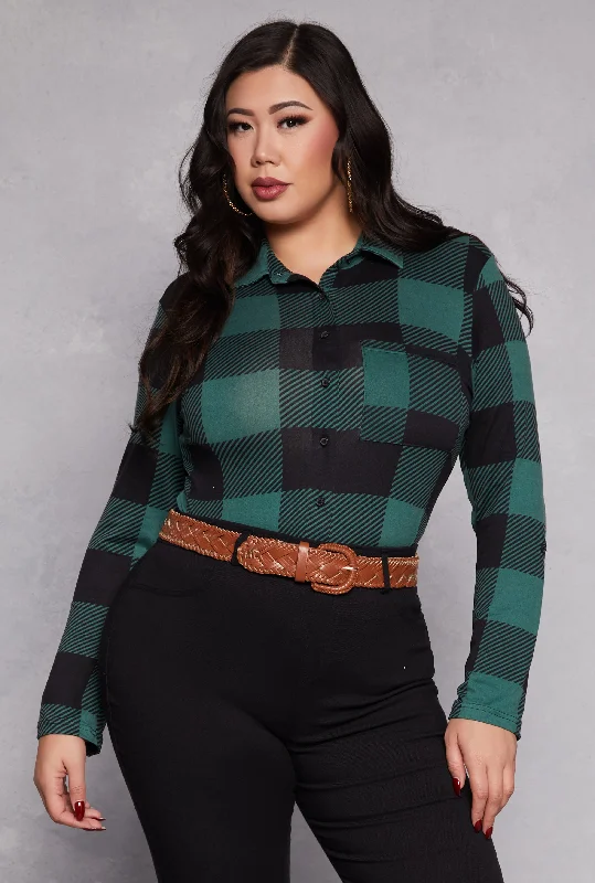 Plus Size Buffalo Plaid Tabbed Sleeve Shirt