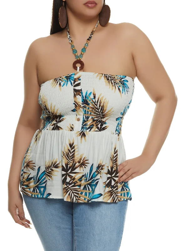 Organic cotton halter top for eco - conscious consumersPlus Size Tropical Print Smocked Halter Top