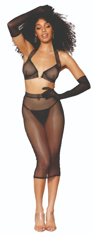 Skirt with a detachable train for a versatile formal lookSheer Stretch Fishnet Fantasy Bra and Skirt Set