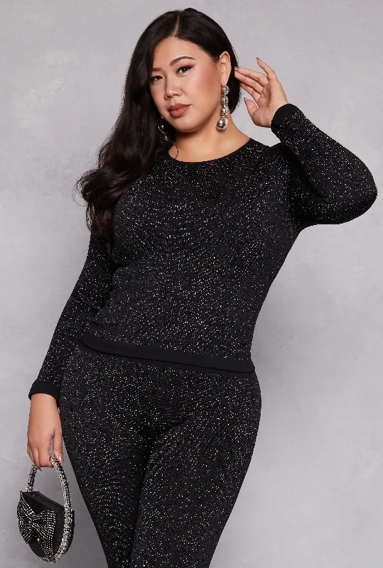 Cropped Women Long Sleeve Top to Pair with High - Waisted BottomsPlus Size Lurex Seamless Ribbed Long Sleeve Top Cropped Women Long Sleeve Top to Pair with High - Waisted BottomsPlus Size Lurex Seamless Ribbed Long Sleeve Top