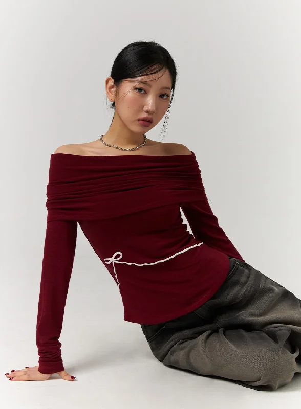 Striped Women Long Sleeve Top in a Timeless PatternOff-Shoulder Solid Ruched Long Sleeve Top with Ribbon Detail CD329 Striped Women Long Sleeve Top in a Timeless PatternOff-Shoulder Solid Ruched Long Sleeve Top with Ribbon Detail CD329