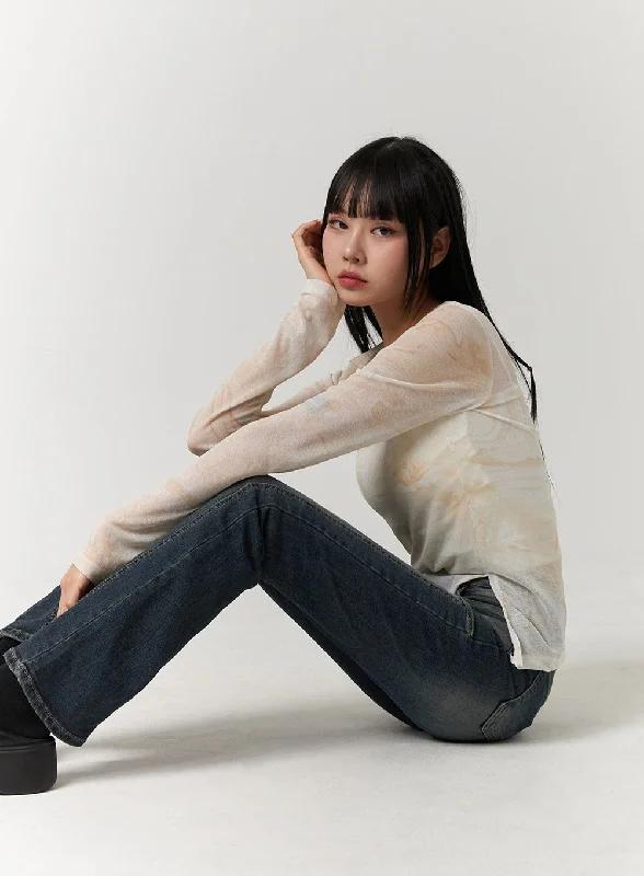 Ruffled Cuff Women Long Sleeve Top with a Feminine TouchUnbalanced Slit Sheer Long Sleeve Tee CJ405 Ruffled Cuff Women Long Sleeve Top with a Feminine TouchUnbalanced Slit Sheer Long Sleeve Tee CJ405