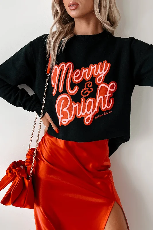 Lace - Trimmed Women Long Sleeve Top for an Elegant LookAlways "Merry And Bright" Graphic Sweatshirt (Black) Lace - Trimmed Women Long Sleeve Top for an Elegant LookAlways "Merry And Bright" Graphic Sweatshirt (Black)