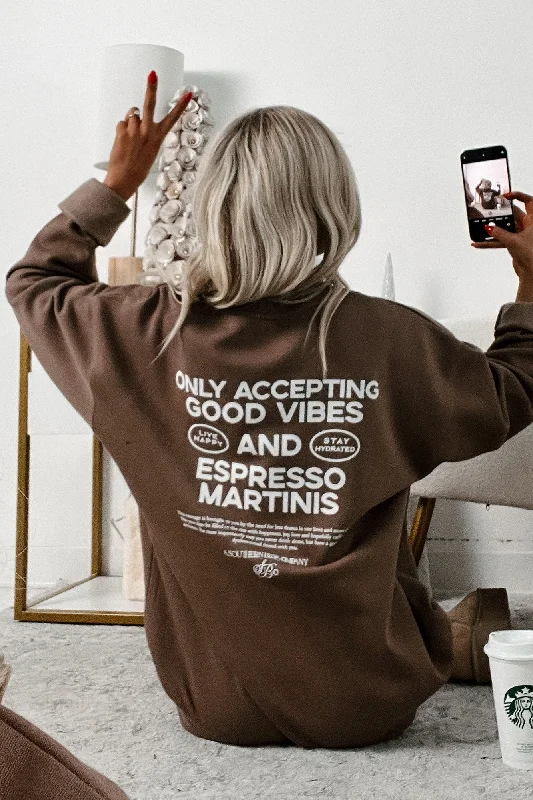 Mock Neck Women Long Sleeve Top for a Modern Aesthetic"Good Vibes And Espresso" Graphic Sweatshirt (Brown) Mock Neck Women Long Sleeve Top for a Modern Aesthetic"Good Vibes And Espresso" Graphic Sweatshirt (Brown)