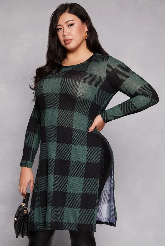 Wrap - Style Women Long Sleeve Top for a Versatile FitPlus Size Buffalo Plaid Side Slit Tunic Top Wrap - Style Women Long Sleeve Top for a Versatile FitPlus Size Buffalo Plaid Side Slit Tunic Top