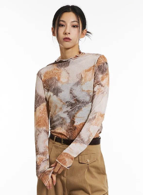 Ruffled Cuff Women Long Sleeve Top with a Feminine TouchPrinted Mesh Long Sleeve Top IN308 Ruffled Cuff Women Long Sleeve Top with a Feminine TouchPrinted Mesh Long Sleeve Top IN308