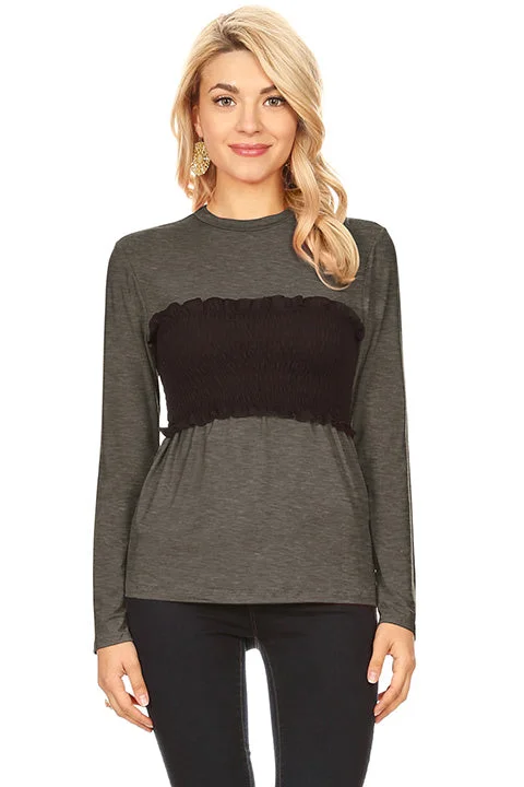 Metallic Accent Women Long Sleeve Top for a Glamorous LookGravitate to Gathers Smocked Top Metallic Accent Women Long Sleeve Top for a Glamorous LookGravitate to Gathers Smocked Top