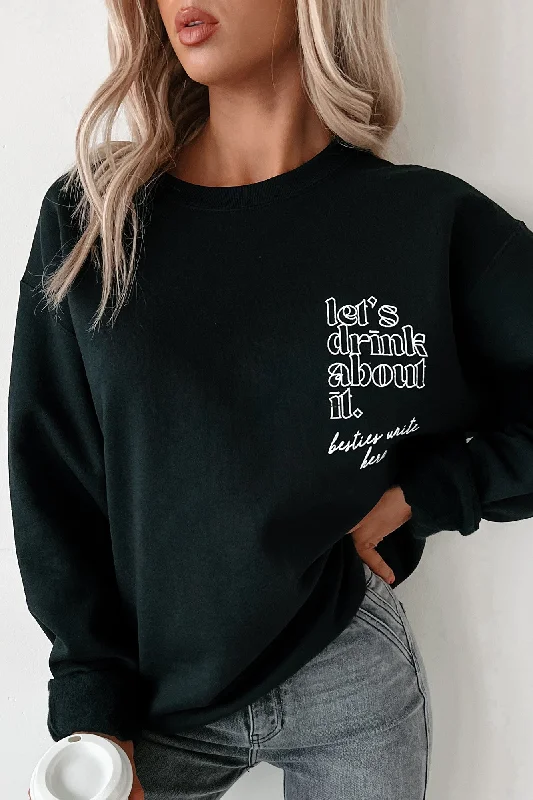 Pocket - Equipped Women Long Sleeve Top for Added Functionality"Let's Drink About It" Graphic Sweatshirt (Black) Pocket - Equipped Women Long Sleeve Top for Added Functionality"Let's Drink About It" Graphic Sweatshirt (Black)
