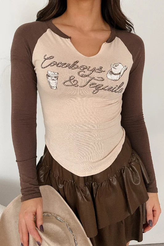 Plaid Women Long Sleeve Top for a Preppy Vibe"Cowboys & Tequila" Raglan Long Sleeve Top (Beige) Plaid Women Long Sleeve Top for a Preppy Vibe"Cowboys & Tequila" Raglan Long Sleeve Top (Beige)