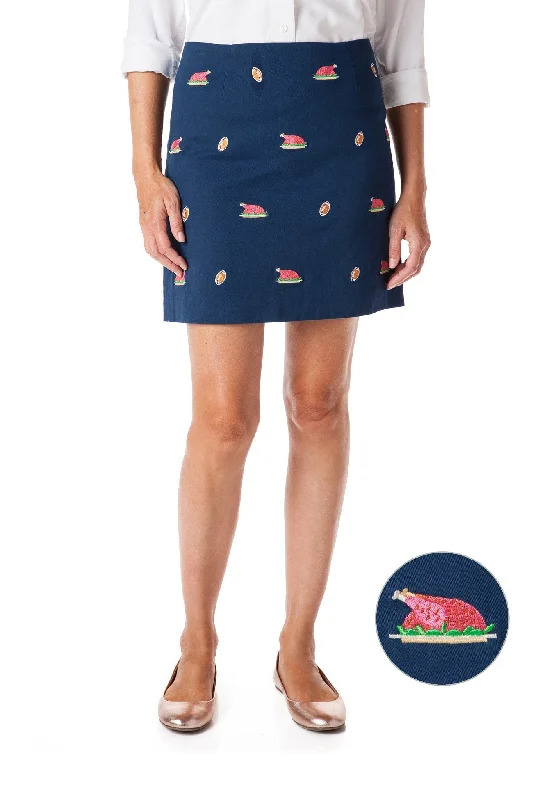 Skirts for a fashion show Ali Skirt Stretch Twill Nantucket Navy with Cooked Turkey & Football 19"