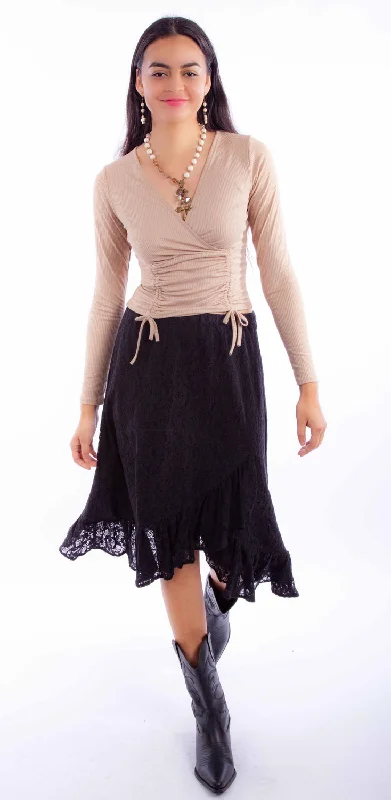 Skirts with a tassel trim Scully Womens Faux Wrap Black Cotton Blend Skirt L