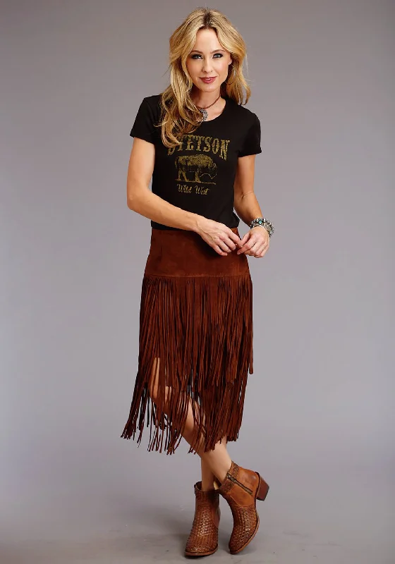 Leather pencil skirts for women Stetson Womens Long Fringe Brown Leather Skirt