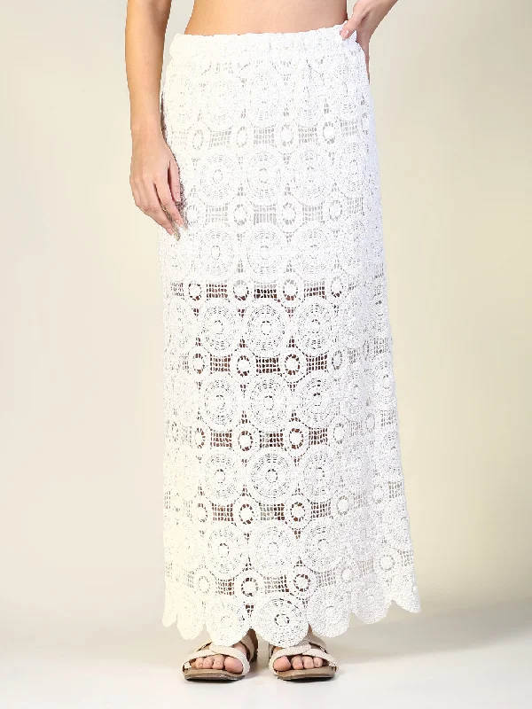 Skirts with a tiered ruffle Women Off White Solid Crochet Skirt