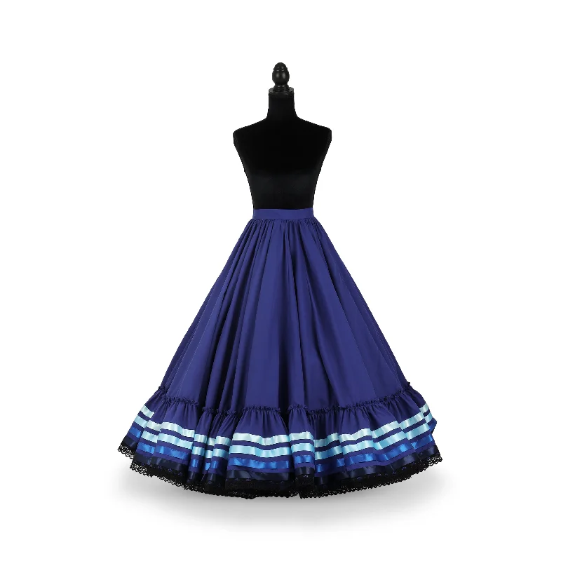 A - line cotton skirts for work Hoja de Maiz Folklorico Dance Practice Skirt, Doble Vuelo, Azul Rey