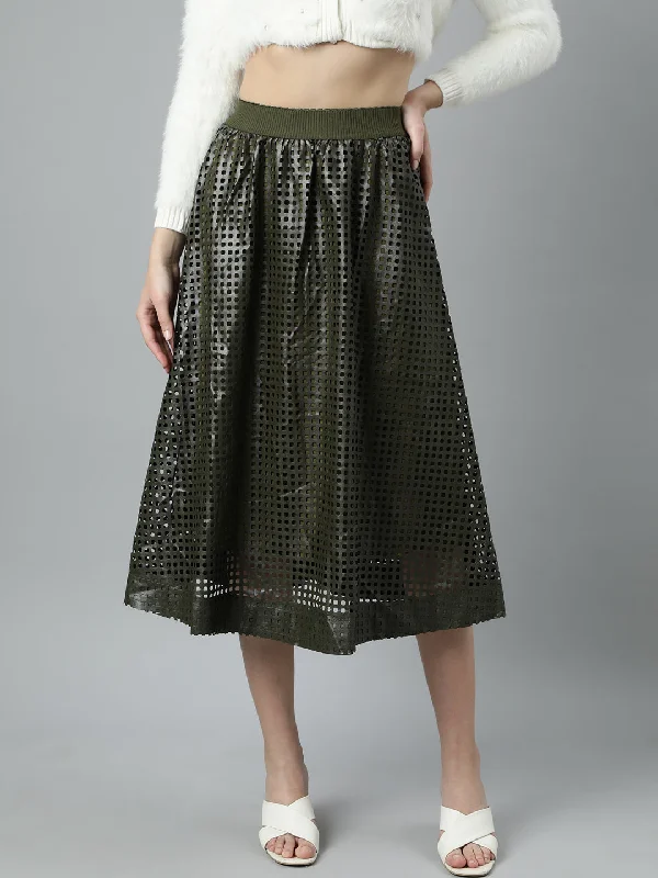 Skirts with a patchwork pattern Women Self Design Olive Flared Midi Skirt