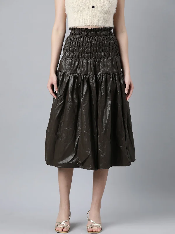 Printed skirts for travel Women Solid Brown Flared Midi Skirt