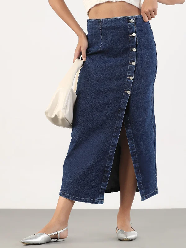Pleated skirts for office wear Women Solid Pencil Fit Midi Navy Blue Denim Skirt
