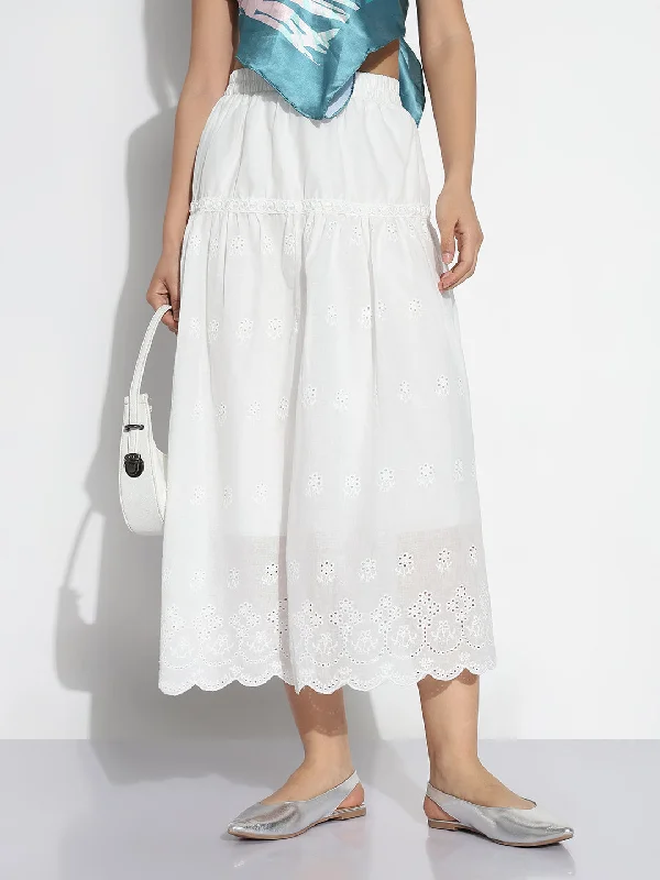 Skirts for outdoor activities Women White Solid Flared Midi Schiffli Skirt