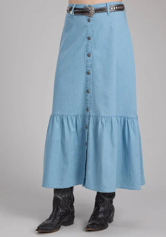 Skirts with adjustable waistbands Roper Womens Maxi Length Ruffle Blue 100% Cotton Skirt