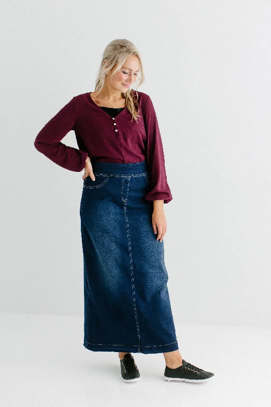 Mini skirts for clubbing 'Sara' Classic Long Denim Skirt Dark Wash