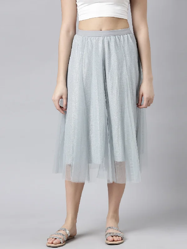 Printed silk skirts for evening Women Solid Grey Flared Midi Sheer Skirt