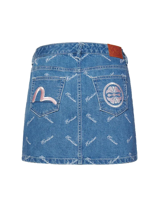 Skirts for a garden party Allover Discharged Logo Print Denim Skirt