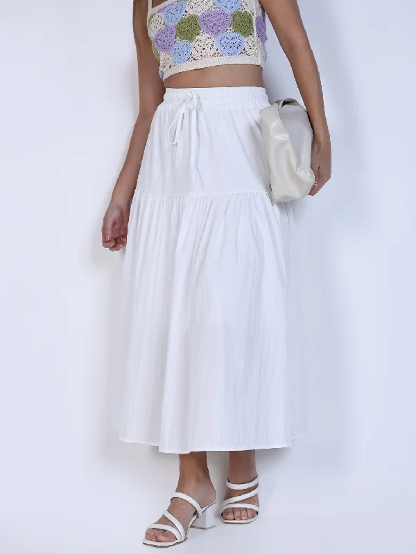 Midi skirts with pockets Women White Solid Flared Skirt