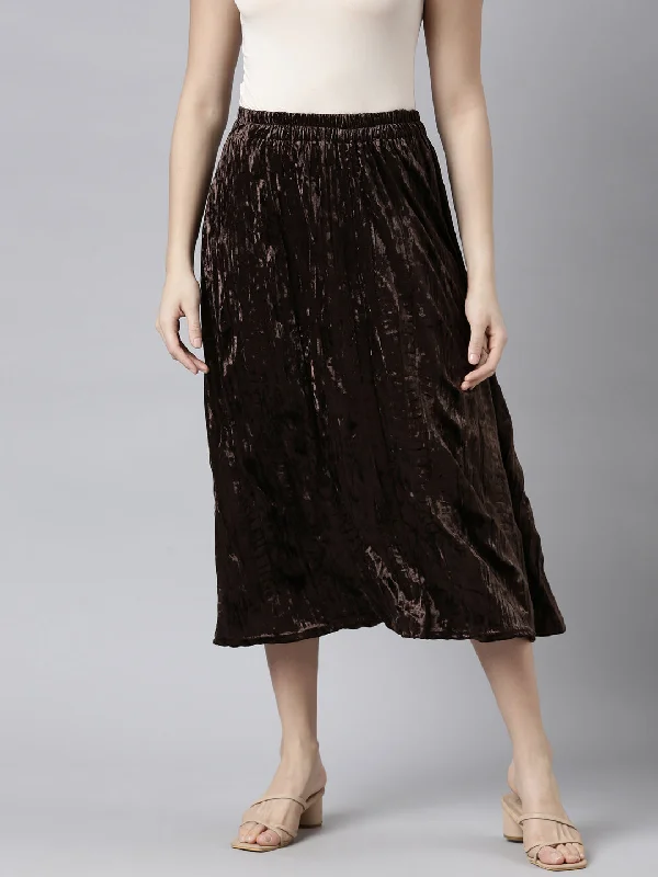 Pleated skirts for office wear Women Solid Brown Flared Midi Skirt