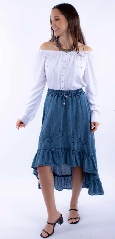 Skirts with a gathered waist Scully Womens Ruffle Hi Lo Dark Blue 100% Cotton Skirt