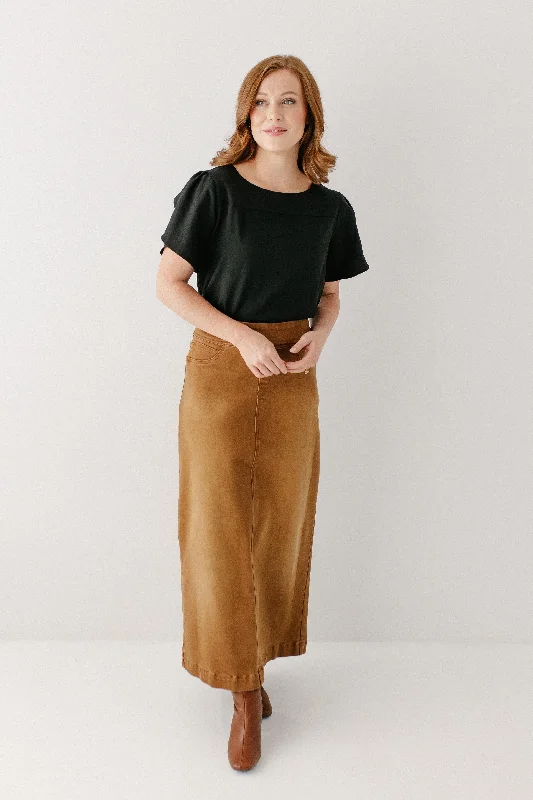 Skirts with a dropped waist 'Sara' Long Stretch Denim Skirt in Camel FINAL SALE