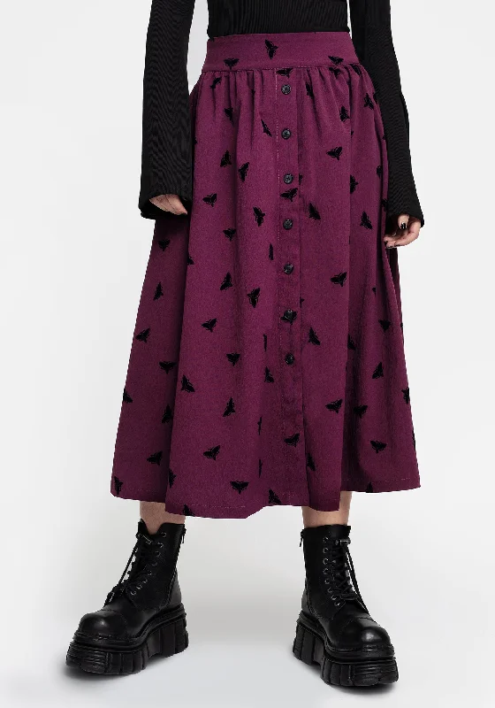 A - line cotton skirts for work Styx Moth Flocked Velour Print Midi Skirt