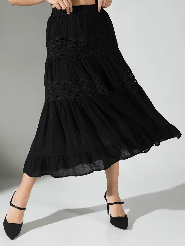 Jersey skirts for comfortable wear Women Black Solid Tiered Skirt