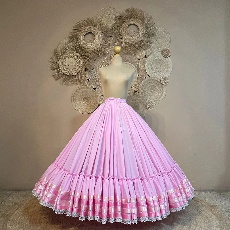 Long skirts for yoga Hoja de Maiz Folklorico Dance Practice Skirt, Doble Vuelo, Rosa Bebé