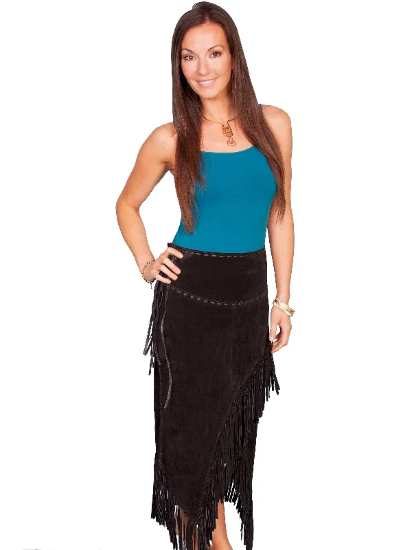 Skirts with a pom - pom trim Scully Leather Womens Long Boar Suede Tie Side Fringe Skirt Black