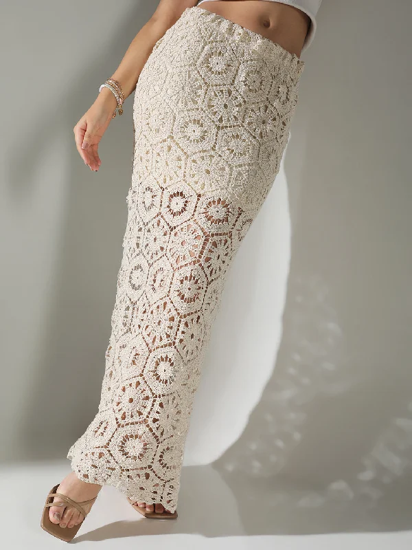 Skirts with a back vent Women Cream Solid Straight Crochet Skirt