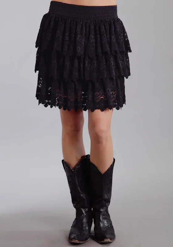 Skirts with a dropped waist Stetson Ladies Black 100% Cotton Three Tier Skirt