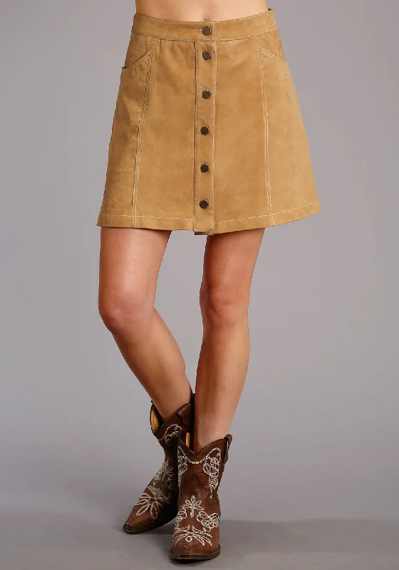 Skirts with a pleated front Stetson Womens Button Front Gored Saddle Brown Lamb Suede Skirt