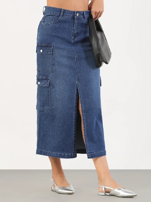 Skirts for a wedding guest Women Solid Pencil Fit Front Slit Midi Blue Denim Skirt