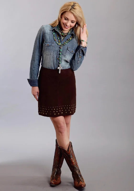 Pleated skirts for office wear Stetson Ladies Brown Leather Nailheads Suede Lamb Skirt