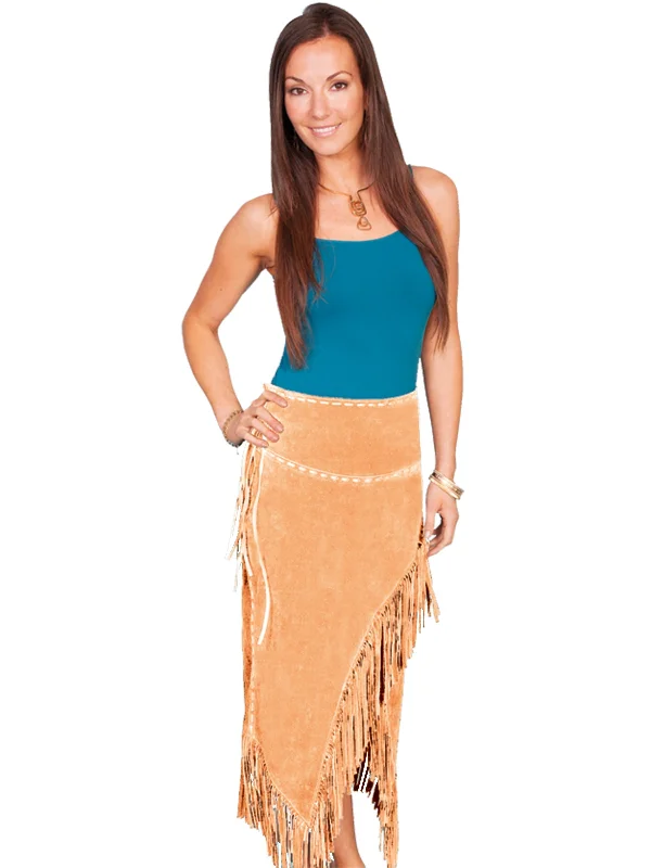 Skater skirts for casual outings Scully Leather Womens Long Suede Tie Side Fringe Skirt Old Rust