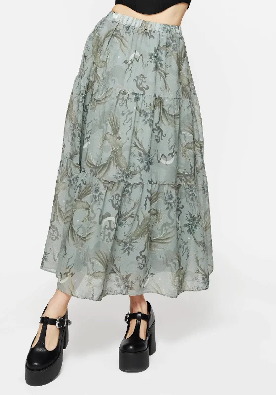 Short skirts for young girls Sapphira Dragon Print Chiffon Tiered Maxi Skirt